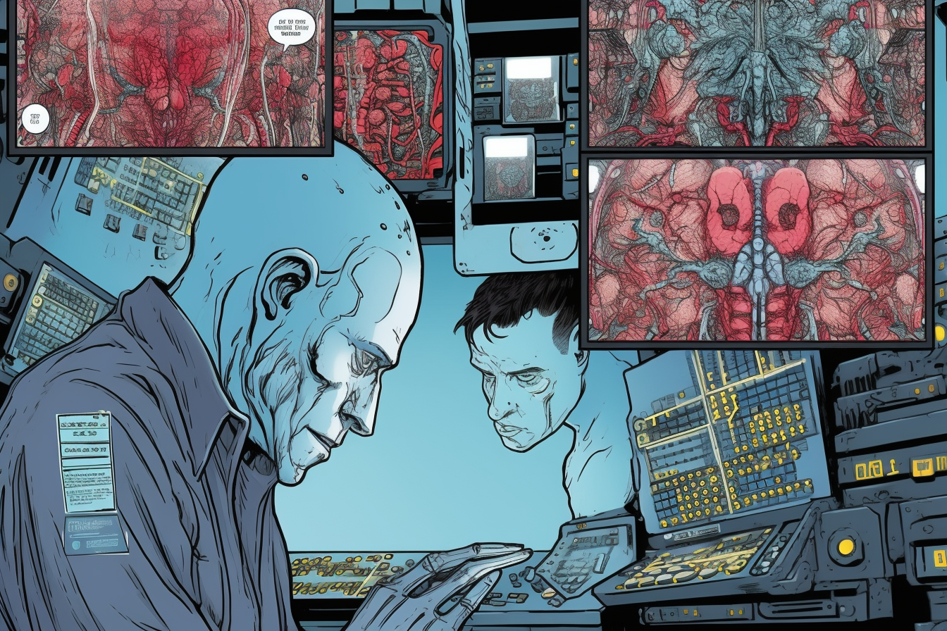 comic book panels showing artificial intelligence developing antibiotics for humans --v 5 --ar 15:10 --q 0.5